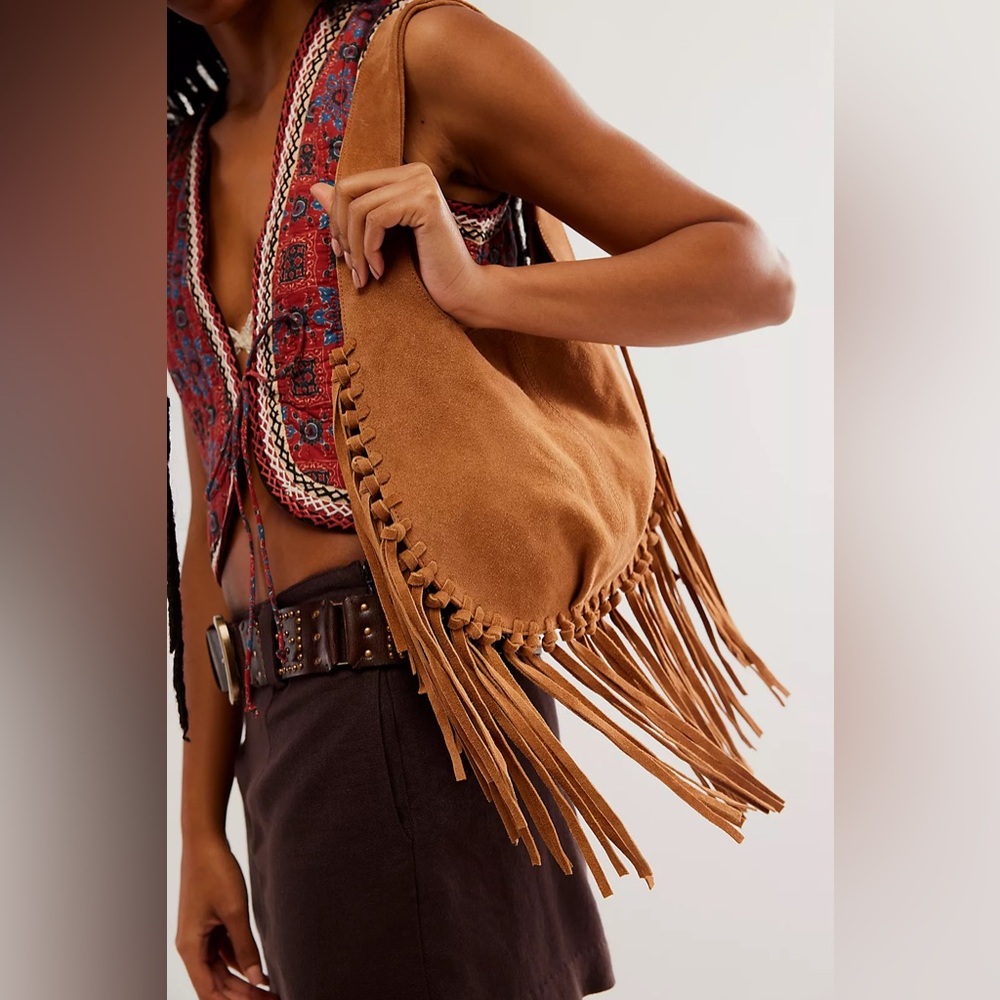 Free People Tan Suede Fringe Shoulder Bag